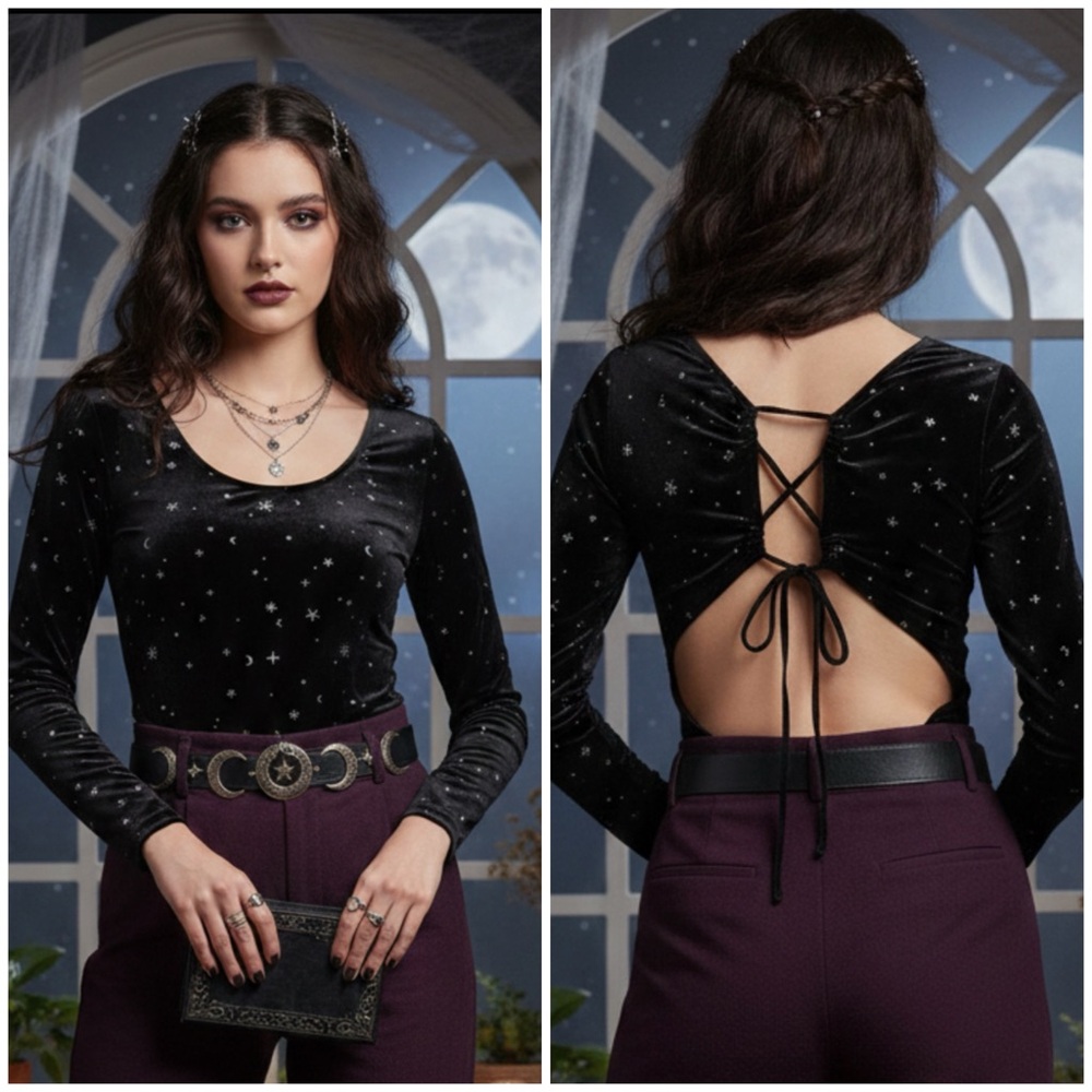 WILD Fable Black Velvet celestial stars Open Back Bodysuit Whimsigoth Witchy XL